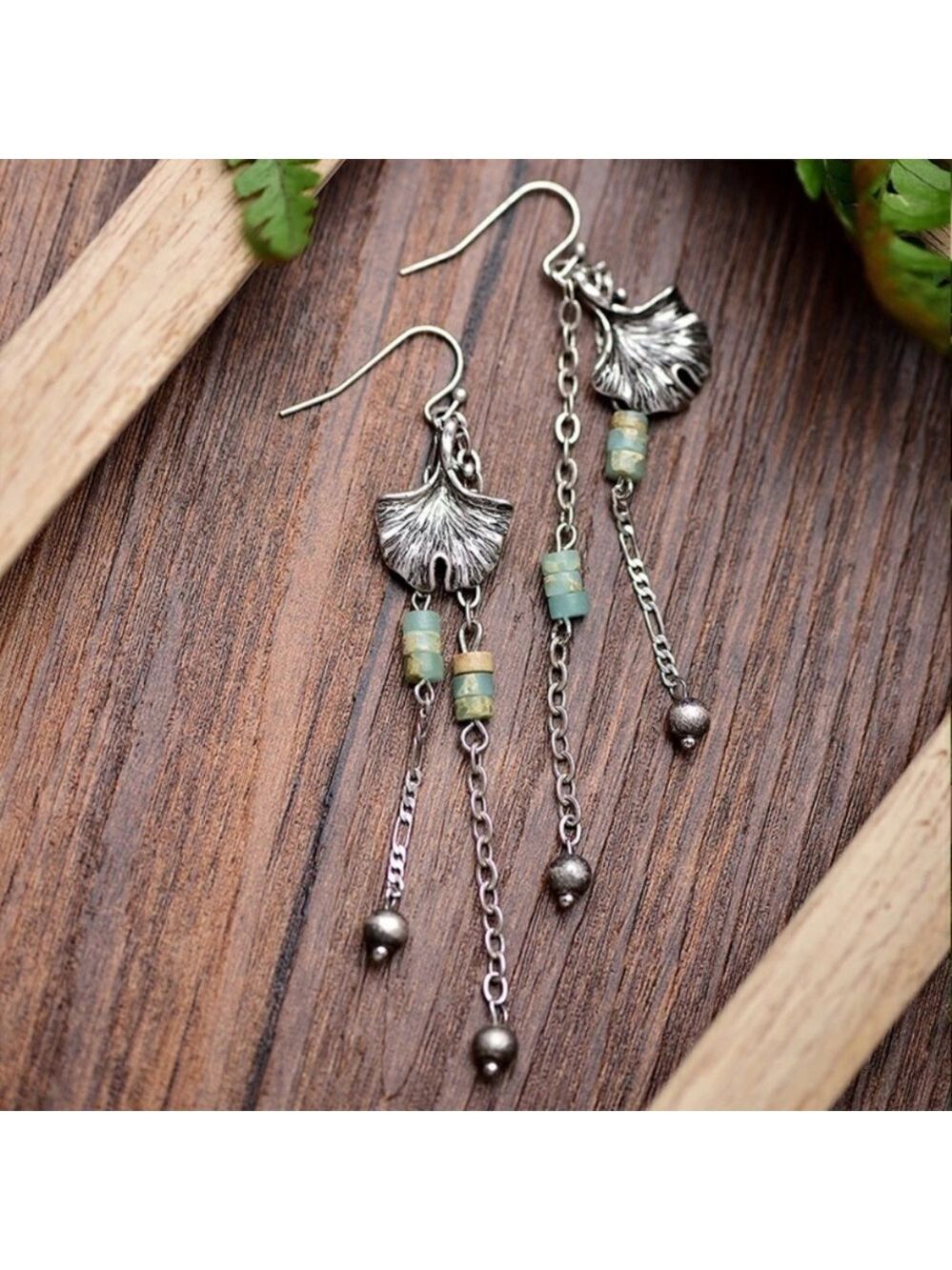 Amazonite Jasper Beaded Dangle Chain Earrings Silver Leaf Artisan
